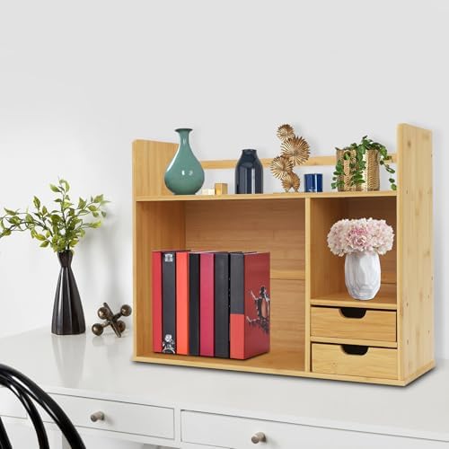 Bamboo Desk Organizer and Shelf Unit, 2-Tier Desktop Bookshelf with 2 Drawers, Sturdy Natural Tabletop Storage for Office Home Students, Space Saver, 22.83 * 18.11in, Holds 110lbs - Image 4