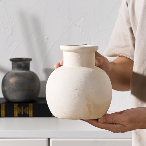 SIDUCAL Ceramic Rustic Farmhouse Vase | 6 Inch Pottery Decorative Boho Flower Vase for Home Decor, Table, Living Room, Bathroom Decoration, Shelf Decor, Mantel, Wedding, White - Image 3