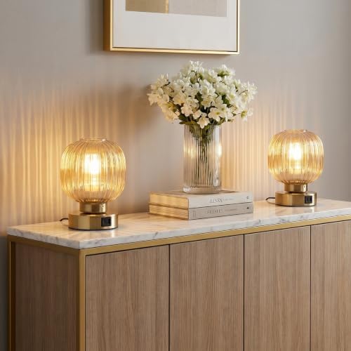 Elenhome Touch Table Lamp Set of 2, 3-Way Dimmable with Glass Shade, USB-C+A Charging Ports, Mid-Century Modern Small Bedside Lamps for Nightstand, Bedroom, and Living Room, LED Bulb Included (Amber) - Image 6