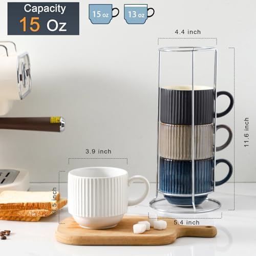 Hasense Coffee Mug Set of 4 with Holder - 15 oz Stackable Large Ceramic Ribbed Latte Cup Set for Cappuccino, Tea, Hot Cocoa, Drinks - Dishwasher & Microwave Safe Multi color - Image 3