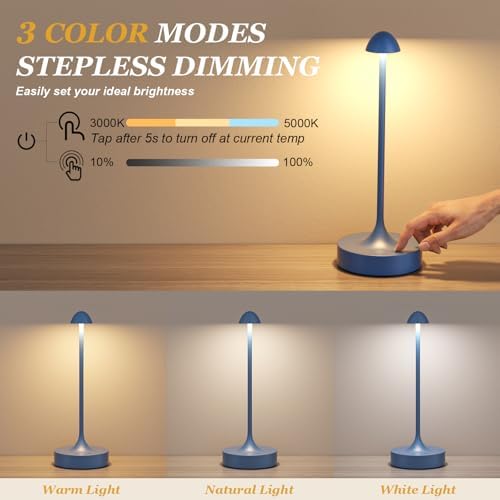 Kakanuo Rechargeable Cordless Table Lamp, Battery Operated Lamps, 3-Color Stepless Dimming, Portable Wireless Desk Lamp, LED Lighting for Dining Room, Restaurant, Office, Bar, Home(Navy 2 Pack) - Image 4