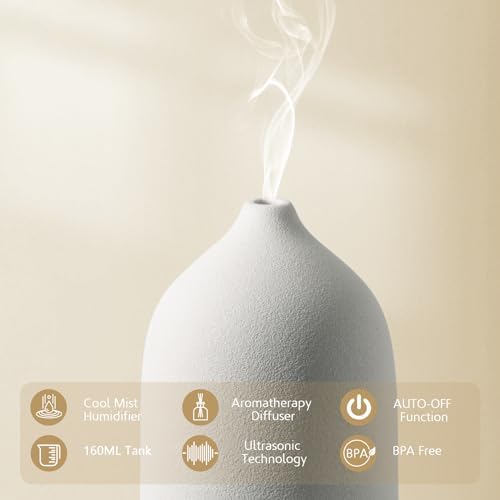 Diffuserlove Ceramic Essential Oil Diffuser 160ML Aromatherapy Diffuser for Home Bedroom Room Cool Mist Humidifier Stone Air Diffusers with Yellow Wood Pattern Base (Size:6.8" H x 3.6" W) - Image 3