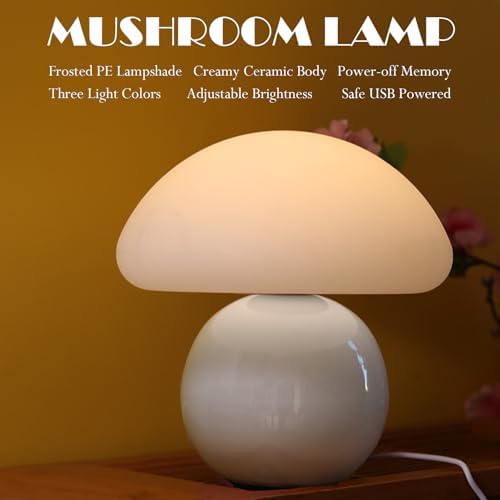 Cute Small Mushroom Lamp, PE Lampshade, Ceramic Base, Adjustable Light Color and Brightness with Power-Off Memory, Safe USB Powered, LED Mushroom Light for Bedroom Living Room (White) - Image 2