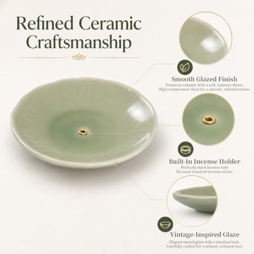 Ceramic Incense Holder Round Ash Catcher Tray, Green - Image 3