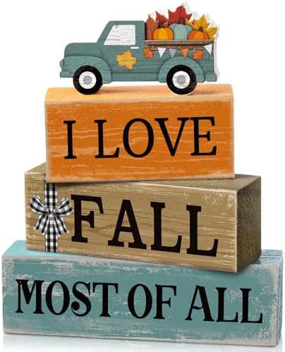 Moucuny 4 Pcs Fall Truck Table Decor, I Love Fall Wood Block Sign Home Tray by Moucuny