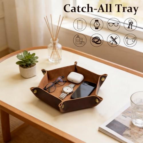 boshiho Valet Tray for Men, Leather Jewelry Catchall Key Phone Coin Box Change Caddy Bedside Storage Box (Chocolate) - Image 3