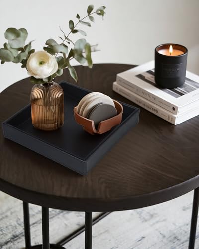 HofferRuffer Faux Leather Vanity Tray, Elegant Desktop Storage Organizer, Decorative Catchall for Perfume, Bathroom Valet, Nightstand or Dresser, 10" x 10" x 1.8" (Black) - Image 5
