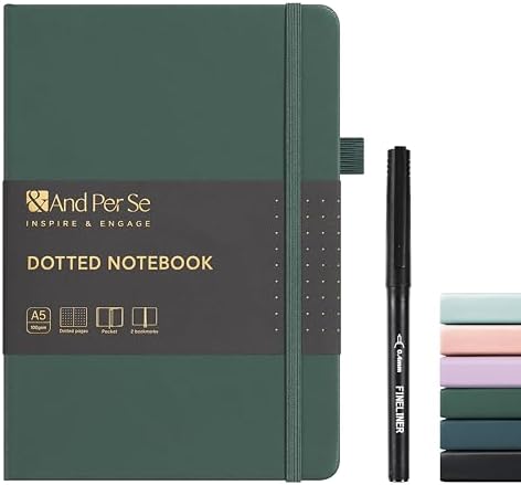&And Per Se Dotted Notebook with Pen, A5 Hardcover Dotted Journal, 160 Pages 100GSM Thick Paper Dot Grid Journal with Fineliner Pen (Green) by AndPerSe