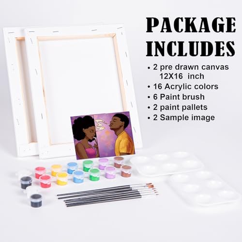 VOCHIC Sip and Paint Kit,Pre Drawn Canvas Couples Painting Party Kit Paint Art Set with Outline Canvas for Adults Date Night Games, Afro Girl Boy,Valentine 2 Pack(12 x 16 Inch) - Image 5