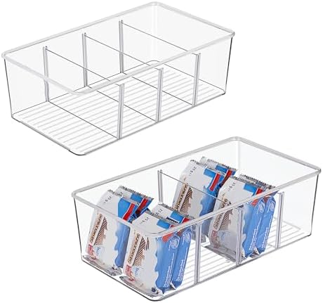 Vtopmart 2 Pack Food Storage Organizer Bins, Clear Plastic Bins for Pantry, Kitchen, Fridge, Cabinet Organization and Storage, 4 Compartment Holder Packets, Snacks, Pouches, Spice Packets by Vtopmart