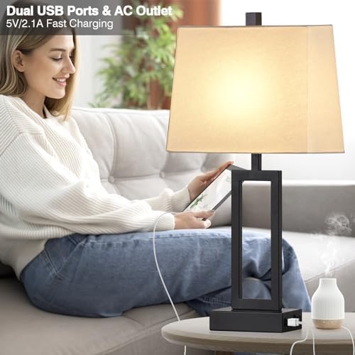 23.5" Touch Control Table Lamps Set of 2, Bedside Lamp with 2 USB Ports & AC Outlet, 3-Way Dimmable Nightstand Lamp with White Linen Shade for Living Room Bedroom End Table Office(2 LED Bulb Included) - Image 3