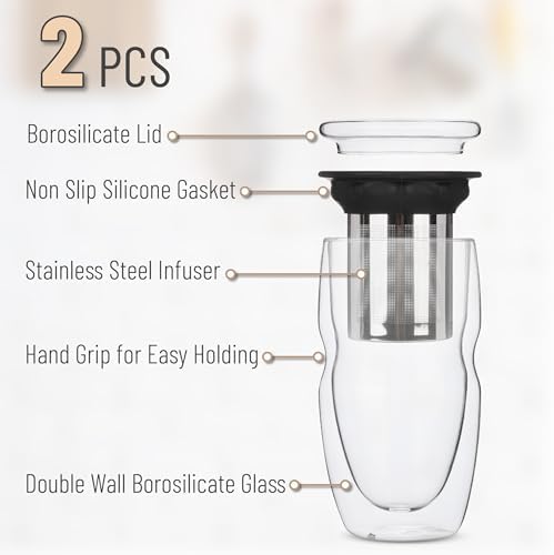 BTaT- Double Wall Glass Tea Cup With Stainless Steel Infuser and Lid, 16 oz, 2 Pack, Borosilicate Glass Tea Mug Infuser, Gifts for Tea Lovers - Image 2