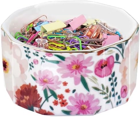 Ceramic Paper Clip Holder Gold Line Paper Clip Dispenser Organizer for Desk Cute Floral Pattern Office Binder Clip Holder Bobby Pin and Hair Clip Holder Gift for Office (White Pink) by LEAZUL