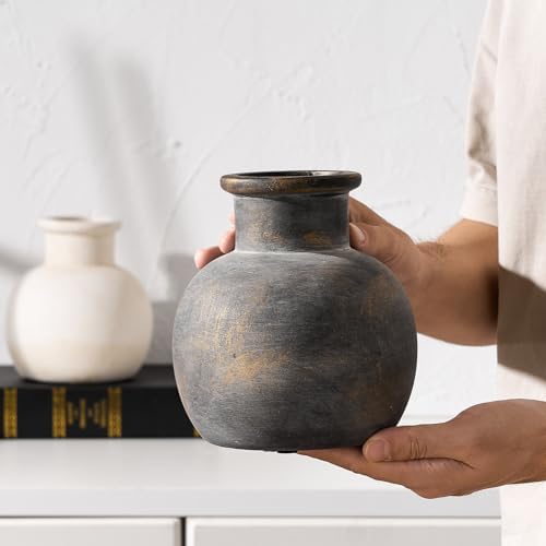 SIDUCAL Ceramic Rustic Farmhouse Vase | 6 Inch Pottery Decorative Flower | Boho | Terracotta Vase for Home Decor Table, Living Room, Bathroom Decoration, Shelf Decor, Mantel, Bronze - Image 3