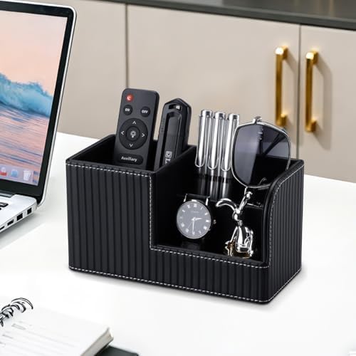 KINGFOM Desk Pen Organizer Office Supplies Caddy Pu Leather Multi-function Storage Box Pen/Pencil,Cell phone, Business Name Cards Remote Control Holder (Black) - Image 2