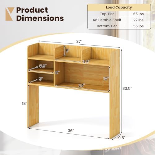 GIANTEX Desktop Bookshelf, 37" Desk Hutch Dorm for Computer Up to 32 Inch, Countertop Hutch w/6 Storage Shelves, 3-Tier Desktop Organizer Display Rack, Wood Desk Shelf for Home Office (Burlywood) - Image 3
