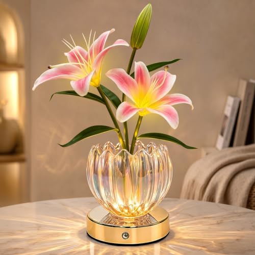 Flower Table Lamp, 3 Color Lily Night Light, Rechargeable Cordless Touch Dimming Artificial Flower Light, LED Flower with Glass Vase Lamp for Girls Women Mom (Pink Lily) by GOUTOOL