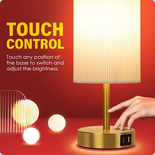 Bedside Lamp with USB port - Touch Control Table Lamp for Bedroom Wood 3 Way Dimmable Nightstand Lamp with Round Pleated Shade for Living Room, Dorm, Home Office (LED Bulb Included) (Pleated) - Image 4