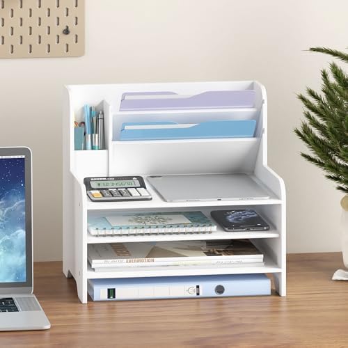 Bamboo File Organizer for Desk, Paper Tray with Pen Holder-White - Image 2
