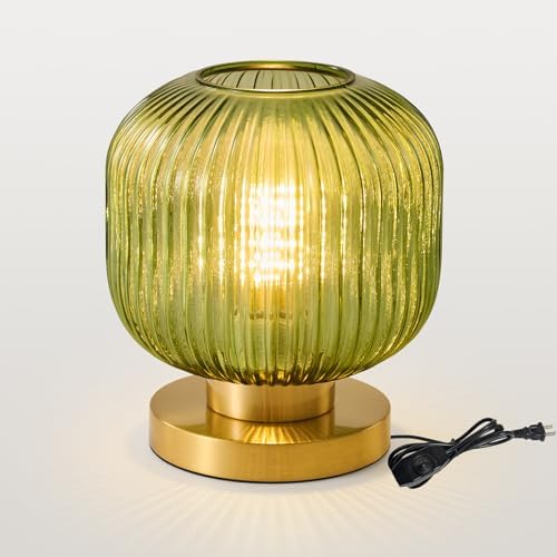Mid Century Modern Table Lamp, 8" Globe Green Glass Lamp Plug in by HONIEGG