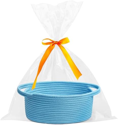 Pro Goleem Small Woven Basket with Gift Bags and Ribbons Durable Baskets for Gifts Empty Small Rope Basket for Storage 12"X 8" X 5" Baby Toy Basket with Handles, Blue by ProGoleem