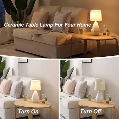 SOTTAE Modern Small Ceramic Table Lamp, White Irregular Geometric Bedside Table lamp for Bedroom,Nightstand Lamps with White Fabric Shade, Small Lamp for Kitchen Living Room - Image 5