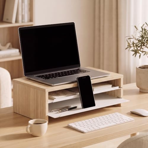 Fenge 14.3-Inch Monitor Stand with Slide-Out Trays, Wood & Metal Desk Shelf - Image 2