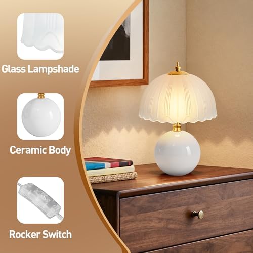 PARTPHONER Mushroom Table Lamp, Ceramic Bedside Lamp with Glass Shade, 3-Way Lighting (2700K-5000K) Rocker Switch, Small Nightstand Lamp for Bedroom, Living Room, Office, White - Image 4