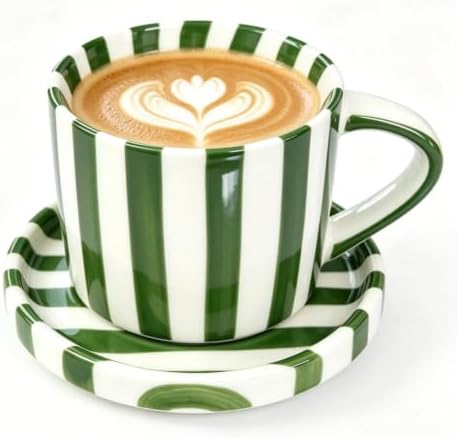 8 Oz Ceramic Cute Hand-Painted Striped Coffee Mugs & Saucers Set by Unknown