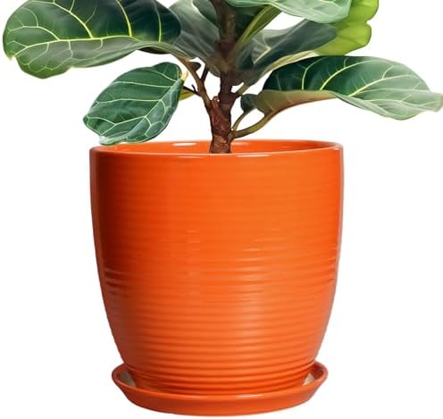 12 Inch Plant Pot, Ceramic Planters for Plants with Drainage and Saucer, Orange by EPFamily