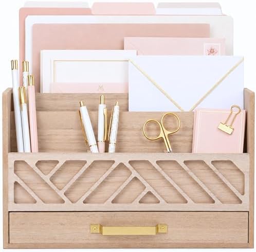 BLU MONACO | Wooden Mail Organizer with Drawer and Gold Handle | Outgoing Mail Holder and Letter Sorter for Desk | Natural Wood Desktop Paper Organizer by Blu_Monaco