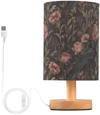 Black Crow Moody Flowers Vintage Bedside Table Lamps with USB Port for Bedroom Lamp Accent Table Lamp Small Nightstand Lamp Sturdy Linen Shade Wooden Base Decorative Lamps for Kids|Reading|Dorm|Home by Fustylead