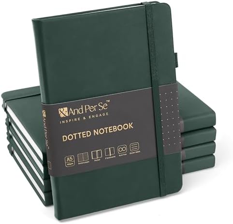 &And Per Se Dotted Journal Notebook (5 Packs), A5 Hardcover Leather Dotted Journal, 160 Pages 100 gsm Thick Paper, 3 Sheets of Stickers Included- 5.7'' x 8'' (Green by AndPerSe