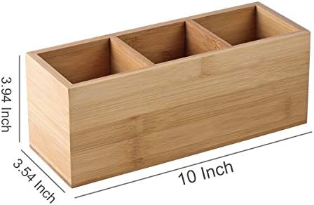 Bamboo Wood Pens Pencils Holder Cup for Desk Remote Control Holder, Caddy,Organizer,Desktop Storage with 3 Compartments,Makeup Brush Holder,Silverware Caddy for Party,Office Supplies (3 Grid) - Image 5