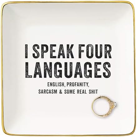 NZY I Speak Four Languages - Motivational Saying Trinket Tray Holder Ring Dish - Funny Sarcastic Dark Humor Gifts - White Elephant & by NZY