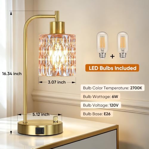 Table Lamps Set of 2, Champagne Glass Dimmable Bedside Lamps for Bedroom - Image 3