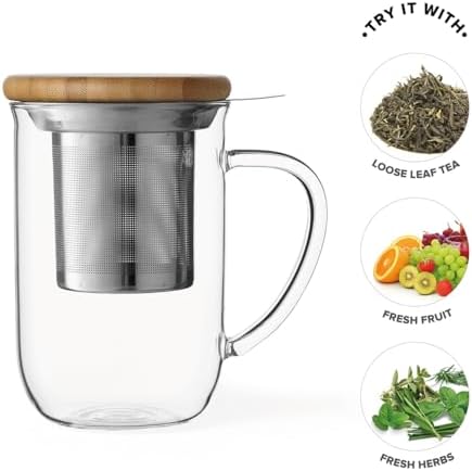 VIVA Minima Balance Glass Tea Cup with Infuser and Lid, 17oz, Clear Bamboo - Image 2
