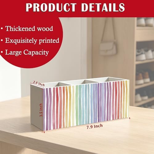 Boho Rainbow Striped Pen Pencil Holder Organizer for Office Classroom Desk Decor Accessories, Watercolor Colorful Rainbow Wood Signs Makeup Brush Toothbrush Holder for Bathroom Vanity - Image 6