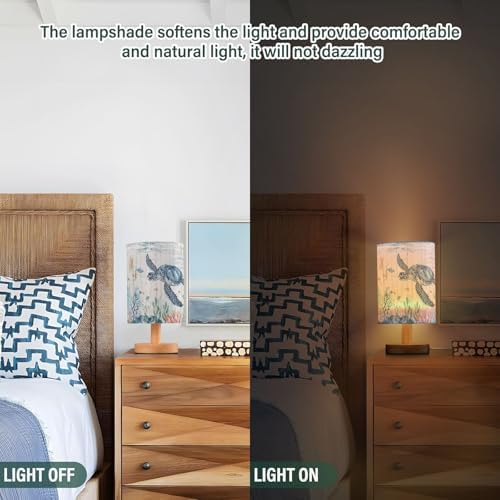 Light Blue Sea Turtle Wooden Background Table Lamp for Bedroom USB Port Lamps Small Accent Table Lamp Nightstand Lamp Study Linen Shade with Wooden Base Lamps for Bedside Reading|Kids|Dorm|Home - Image 3