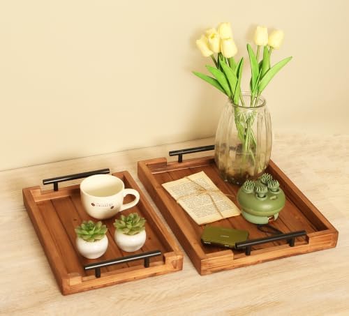 2Pc Nested Vintage Wooden Serving Tray Set, Coffee Table Ottoman Decor - Image 4