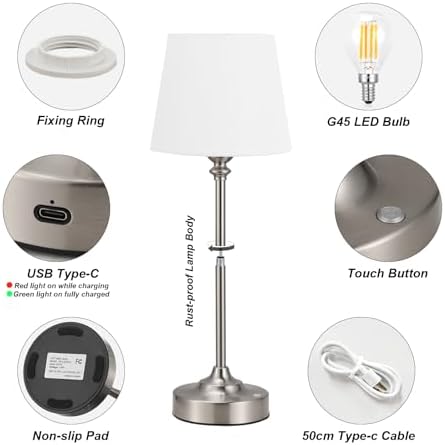 Kakanuo Cordless Table Lamp Rechargeable Silver - 1 Pack 4000mAH Battery Operated Lamp for Decor, 3000K Stepless Dimming Touch Control Wireless Lamp for Bedroom, Dining Table, Counter, Living Room - Image 5