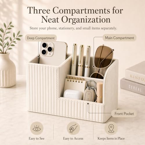 KINGFOM Desk Pen Organizer Office Supplies Caddy Pu Leather Multi-function Storage Box Pen/Pencil,Cell phone, Business Name Cards Remote Control Holder (Ivory White) - Image 6