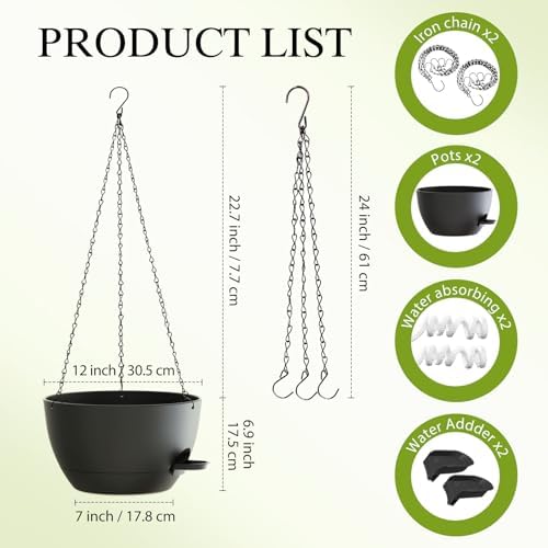 12 Inch Hanging Baskets 2 PC with Chains, Self-Watering Hanging Planters for Indoor Outdoor Plants, Plastic Hanging Flower Pots,Black - Image 2