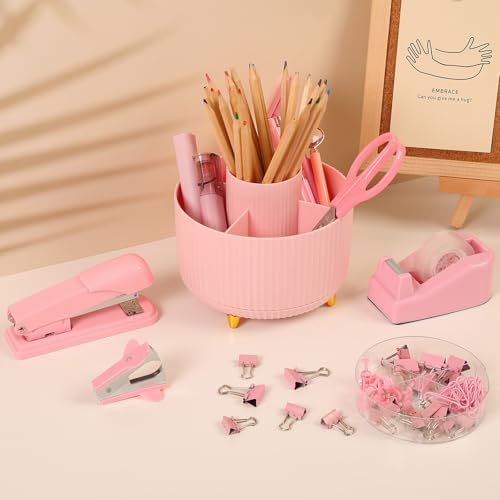 SKYDUE Pink Office Supplies Set, Pencil Holder for Desk,Gel Pen, Stapler, Tape Dispenser, Scissors,Clips and 1000pcs Staples, Office Decor for Women, Pink Desk Accessories - Image 2