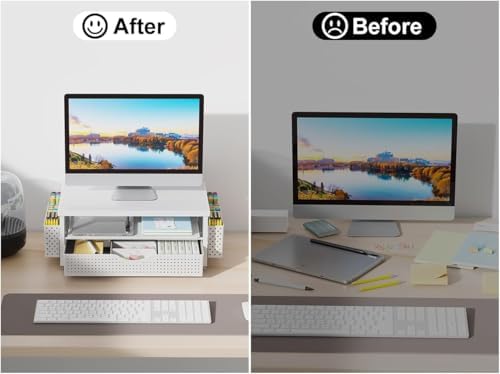 gianotter Desk Organizers and Accessories, Monitor Stand with Drawer and 2 Pen Holder, Desktop Organizer Suitable for Offices and Dormitories (White-Plain) - Image 6