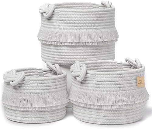 NaturalCozy 3-Piece Decorative Storage Basket Set – Cotton Rope Woven Baskets for Organizing! Small Storage Bins for Nursery Baby Stuff, Gift, Montessori, Dog Toy Bin, Cat Toys, Bathroom Shelves by NaturalCozy