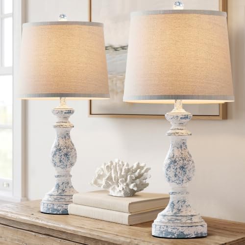 PARTPHONER Traditional Table Lamp Set of 2, Rustic Farmhouse Table Lamps for Living Room Bedroom, 27" Bedside Desk Lamps Vintage Nightstand Lamps with Linen Shades, Washed Blue - Image 2