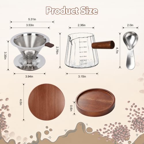 6oz Pour Over Coffee Maker Reusable Pour Over Coffee Dripper Set Glass Coffee Maker Espresso Cup Set Scoop Wood Coasters Cleaning Brush Cleaning Cloth - Image 2