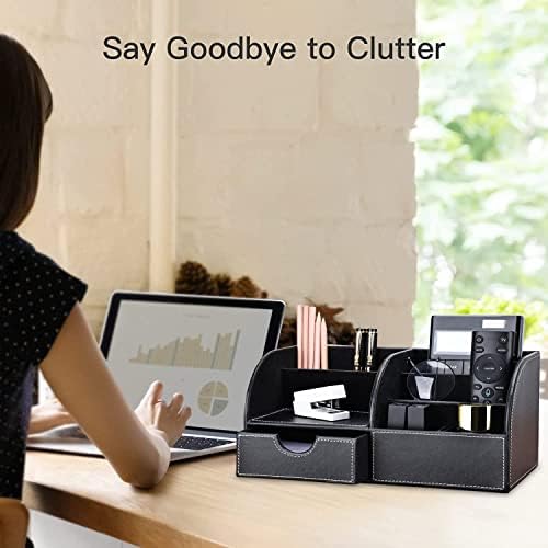 KINGFOM Pu Leather Desk Organizer Pen Pencil Holder Office Supplies Caddy Storage Box 6 Compartments with Drawer Black (Full Pu Leather) - Image 6