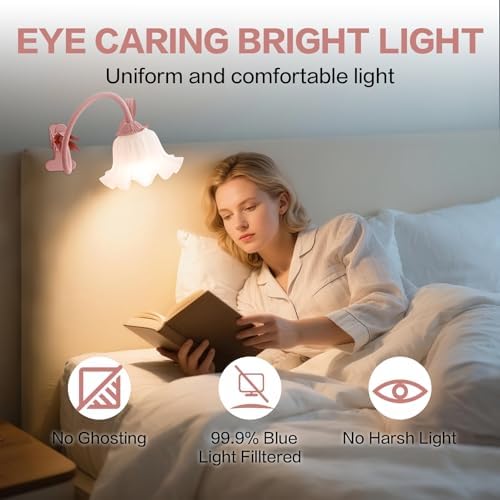 Clip On Light and Flower Bedside Table Lamp, Flexible Gooseneck Reading Book Light with 3 Color Modes, Night Light for Kids Nursery, Clip on for Desk, Bed Headboard, Dorm (Pink) - Image 3